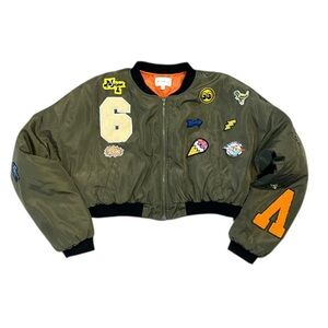 Better Be Large Army Green Cropped Bomber Jacket with Patches